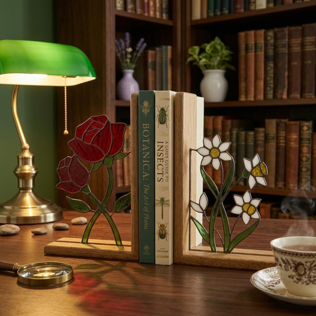 Stained Glass Floral Bookends Red Rose & White Daisy Wood Book Stand Botanical Shelf Decor Book Lover Gift for Women Mother's Day