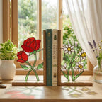 Stained Glass Floral Bookends Red Rose & White Daisy Wood Book Stand Botanical Shelf Decor Book Lover Gift for Women Mother's Day