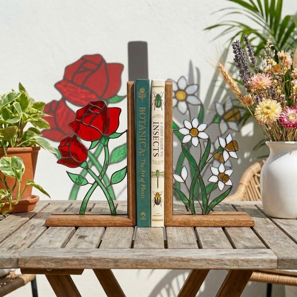 Stained Glass Floral Bookends Red Rose & White Daisy Wood Book Stand Botanical Shelf Decor Book Lover Gift for Women Mother's Day