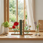 Stained Glass Floral Bookends Red Rose & White Daisy Wood Book Stand Botanical Shelf Decor Book Lover Gift for Women Mother's Day