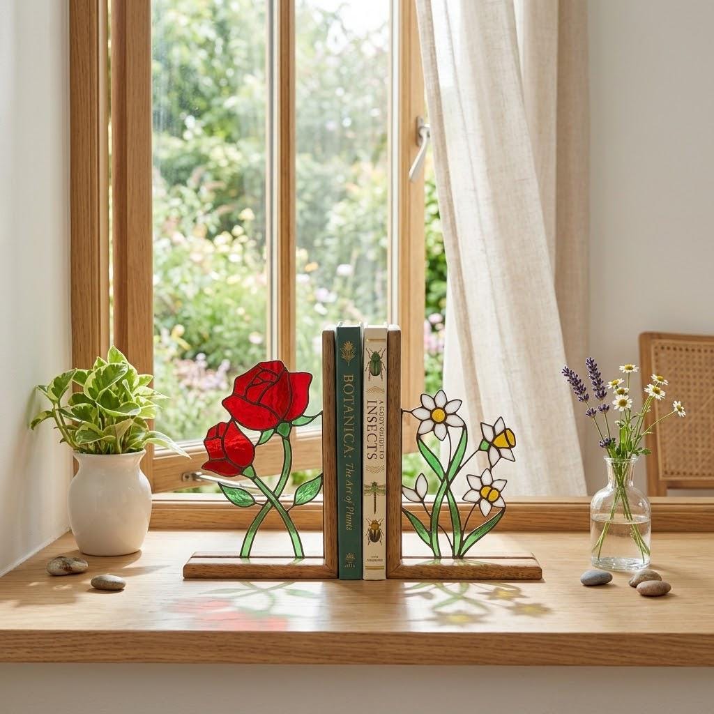 Stained Glass Floral Bookends Red Rose & White Daisy Wood Book Stand Botanical Shelf Decor Book Lover Gift for Women Mother's Day
