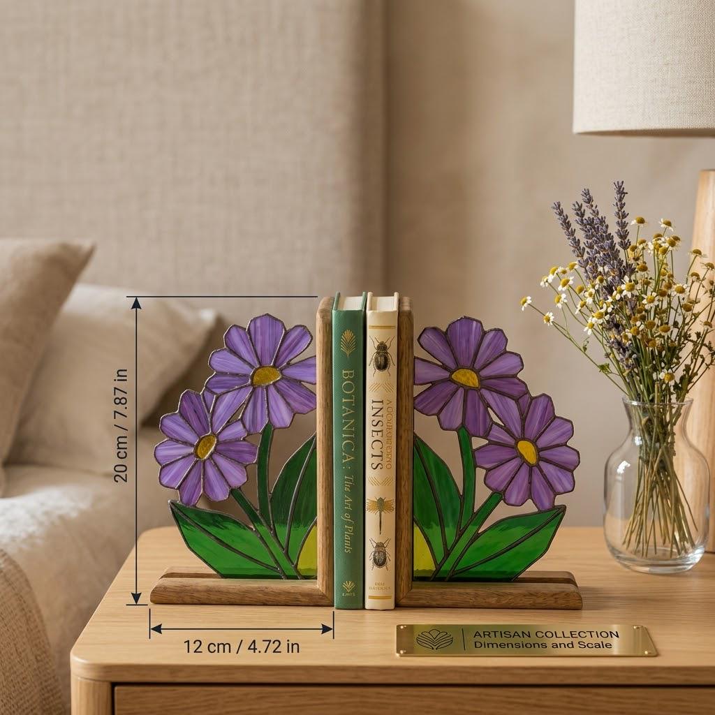 Stained Glass Purple Flower Bookends Botanical Wood Book Stand Cottagecore Room Decor Book Lover Gift for Women September Aster Art