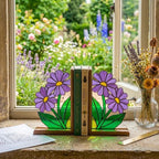 Stained Glass Purple Flower Bookends Botanical Wood Book Stand Cottagecore Room Decor Book Lover Gift for Women September Aster Art
