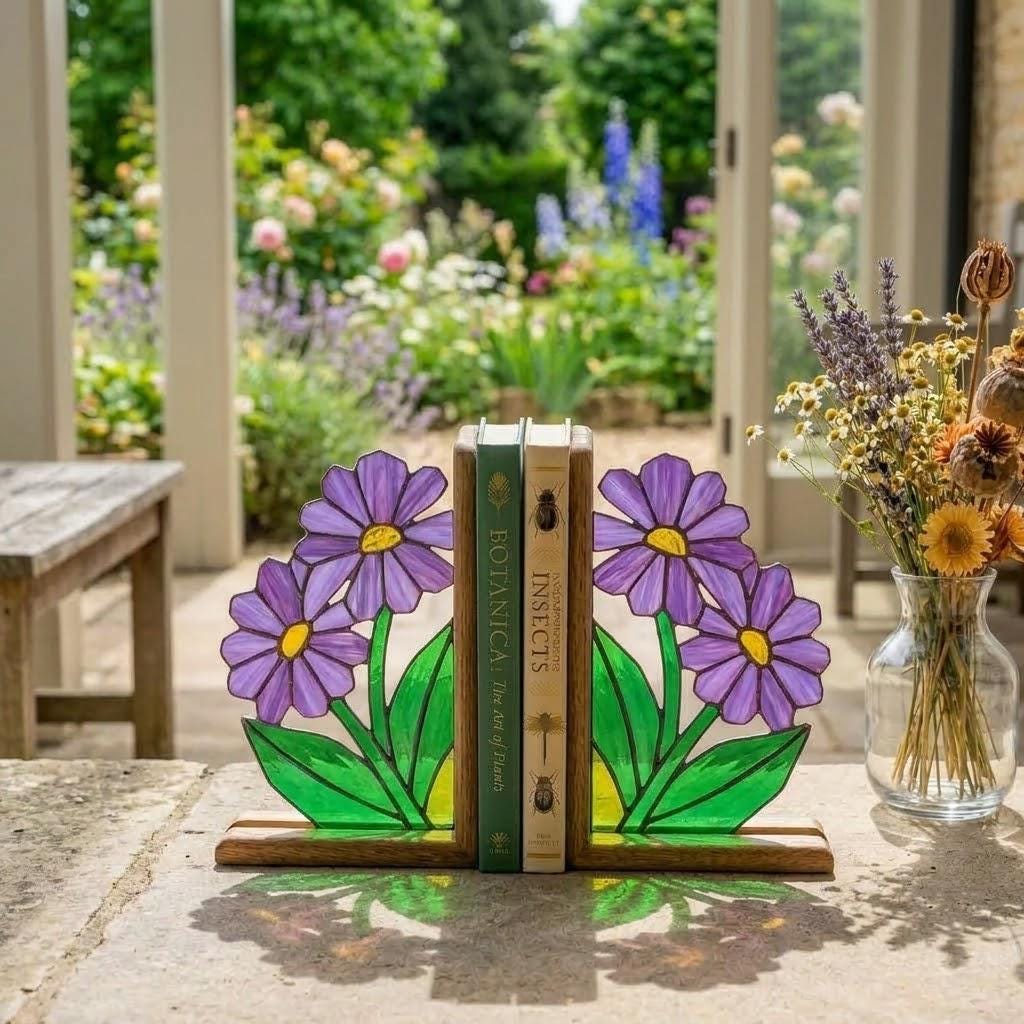 Stained Glass Purple Flower Bookends Botanical Wood Book Stand Cottagecore Room Decor Book Lover Gift for Women September Aster Art