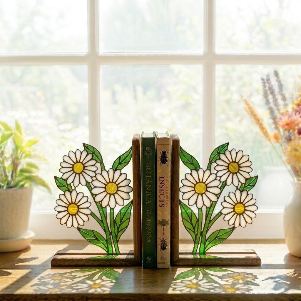 Handmade stained glass white daisy flower bookends on solid wood bases holding books on a sunlit desk, beautiful cottagecore shelf decor and book lover gift.