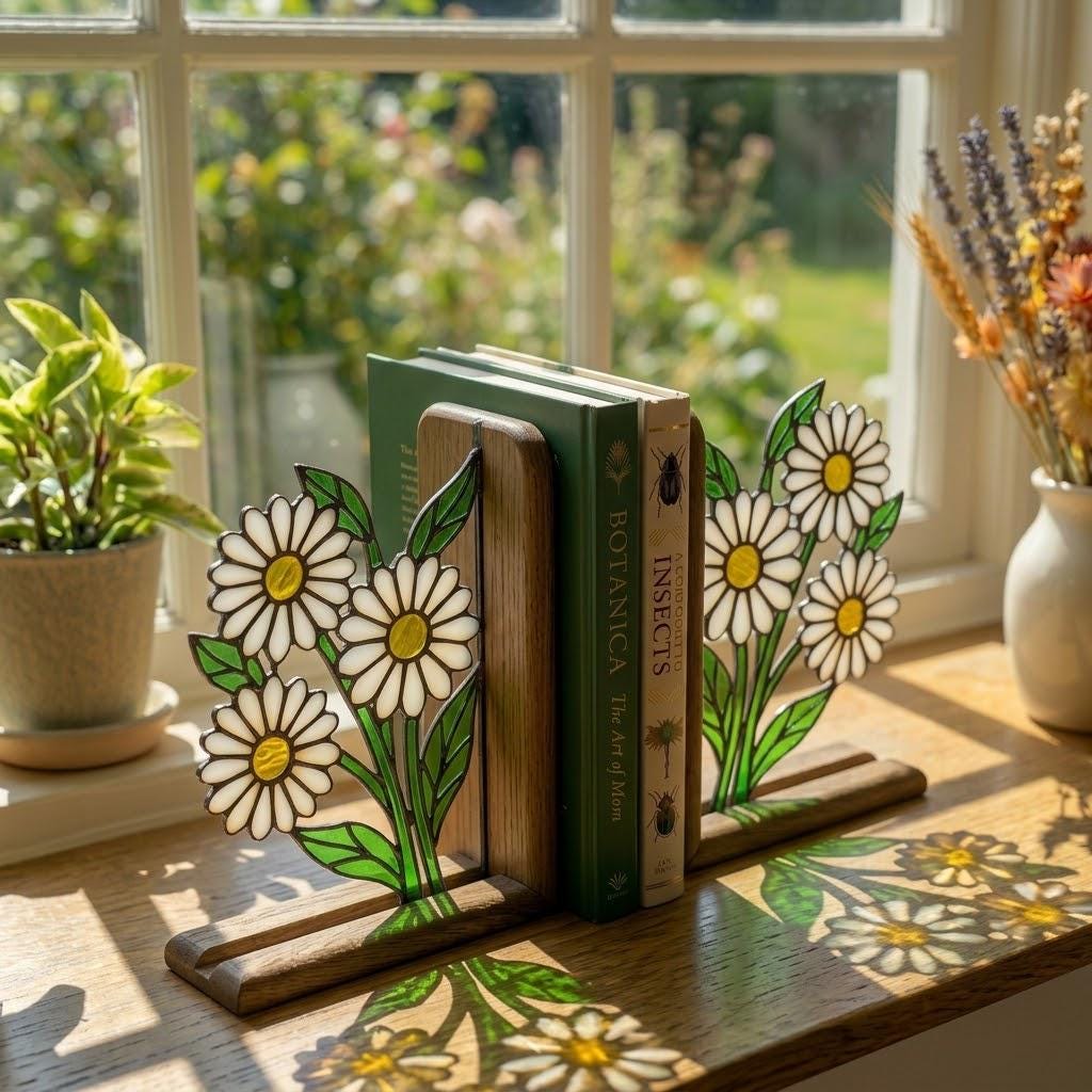Handmade stained glass white daisy flower bookends on solid wood bases holding books on a sunlit desk, beautiful cottagecore shelf decor and book lover gift.