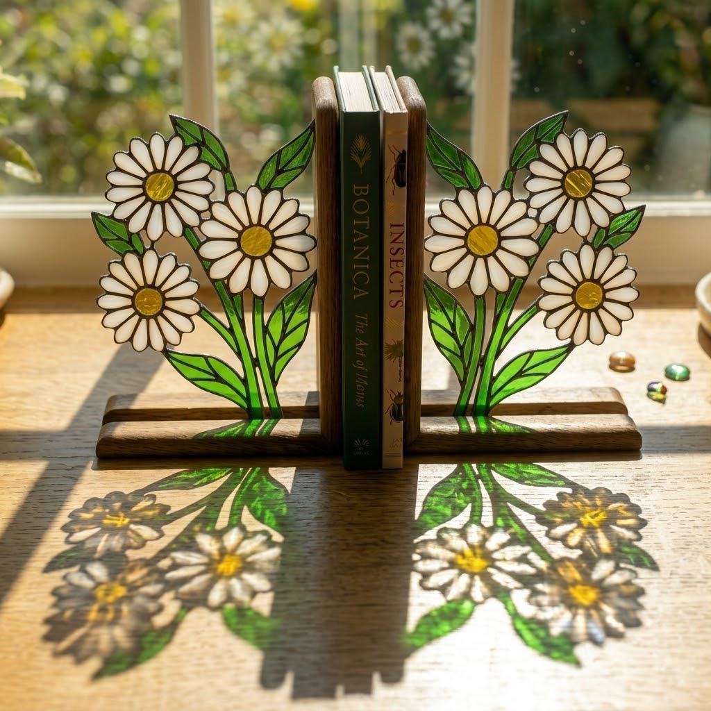 Handmade stained glass white daisy flower bookends on solid wood bases holding books on a sunlit desk, beautiful cottagecore shelf decor and book lover gift.
