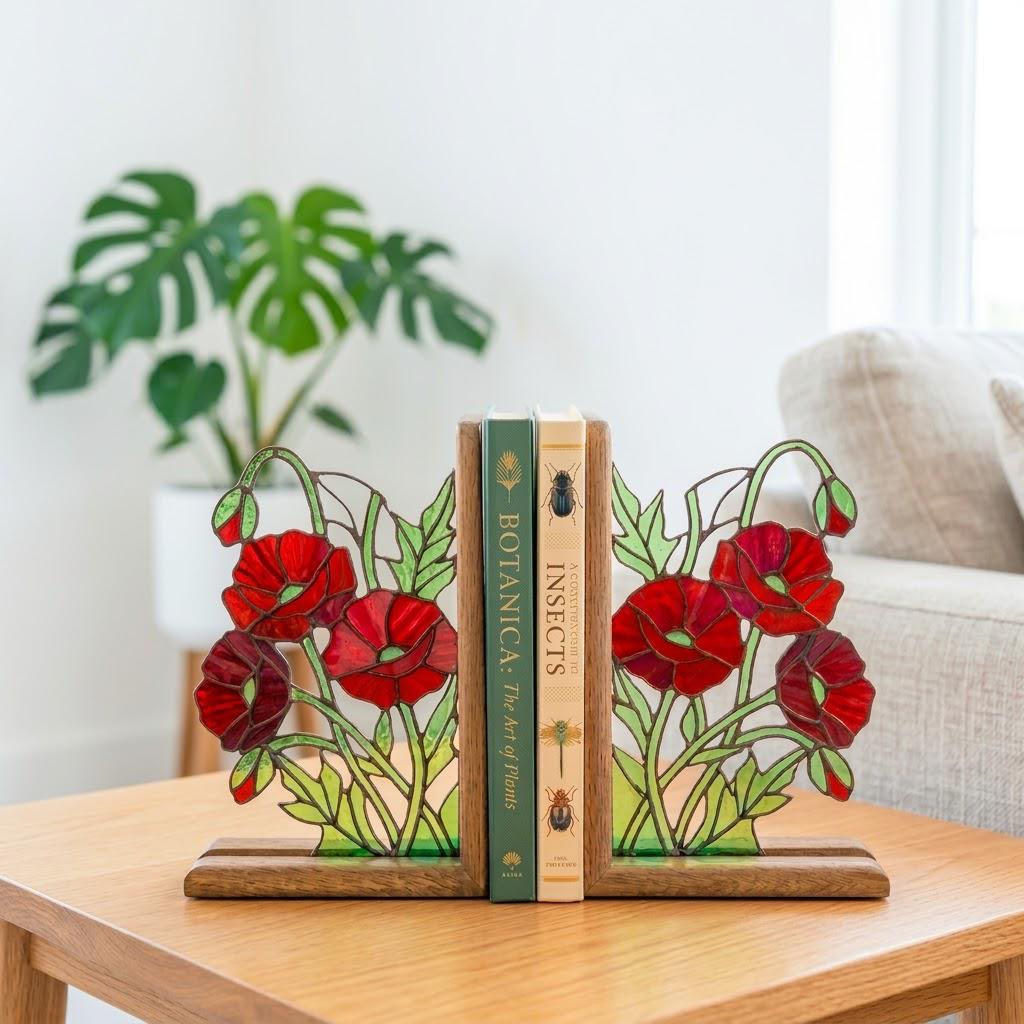 Handmade stained glass red poppy flower bookends on premium solid wood bases, beautiful botanical shelf decor, book lover and memorial remembrance gift.