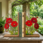 Handmade stained glass red poppy flower bookends on premium solid wood bases, beautiful botanical shelf decor, book lover and memorial remembrance gift.