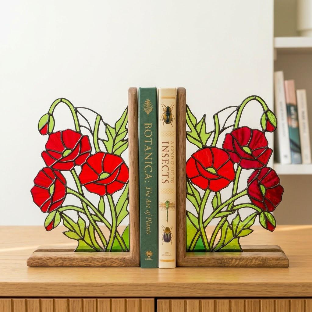 Handmade stained glass red poppy flower bookends on premium solid wood bases, beautiful botanical shelf decor, book lover and memorial remembrance gift.
