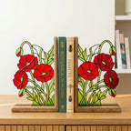 Handmade stained glass red poppy flower bookends on premium solid wood bases, beautiful botanical shelf decor, book lover and memorial remembrance gift.