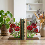 Handmade stained glass red poppy flower bookends on premium solid wood bases, beautiful botanical shelf decor, book lover and memorial remembrance gift.