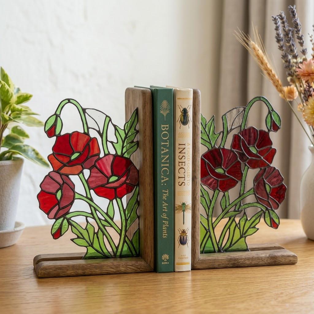 Handmade stained glass red poppy flower bookends on premium solid wood bases, beautiful botanical shelf decor, book lover and memorial remembrance gift.