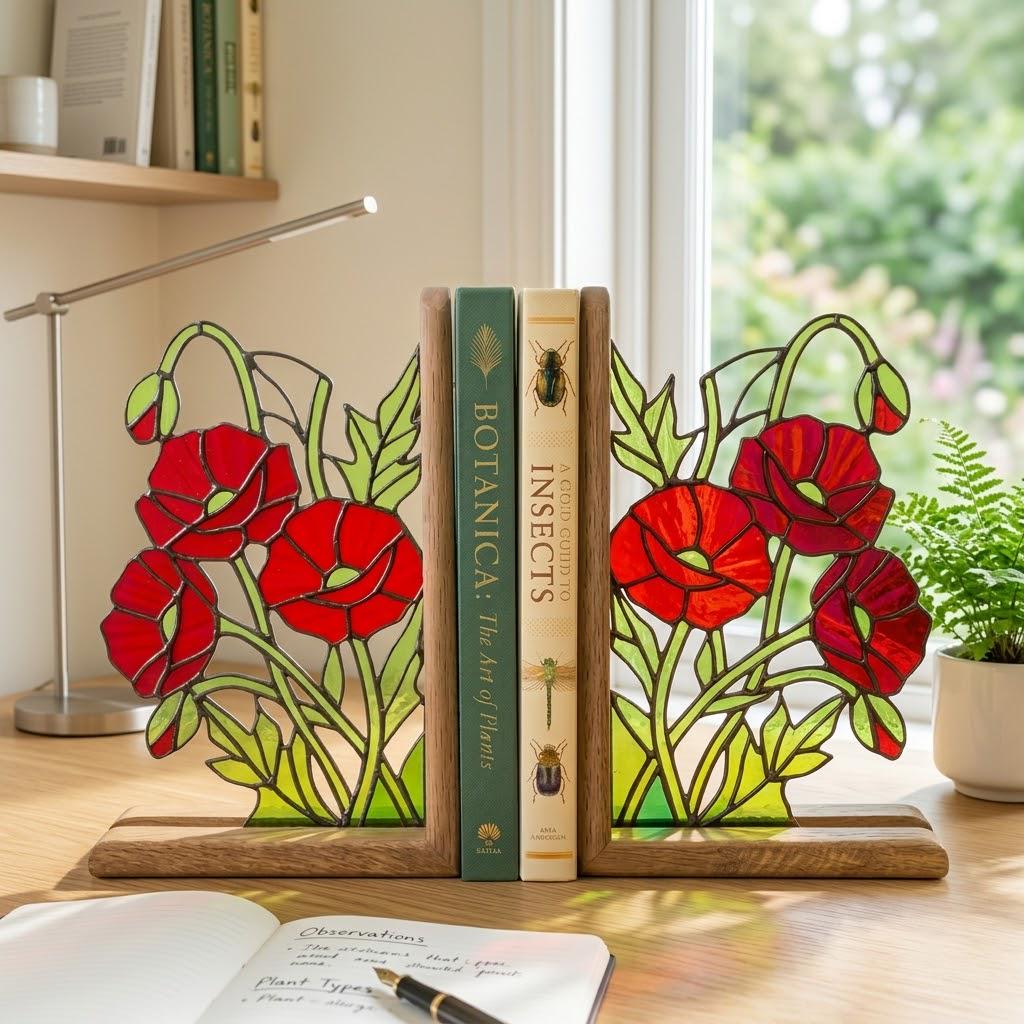 Handmade stained glass red poppy flower bookends on premium solid wood bases, beautiful botanical shelf decor, book lover and memorial remembrance gift.