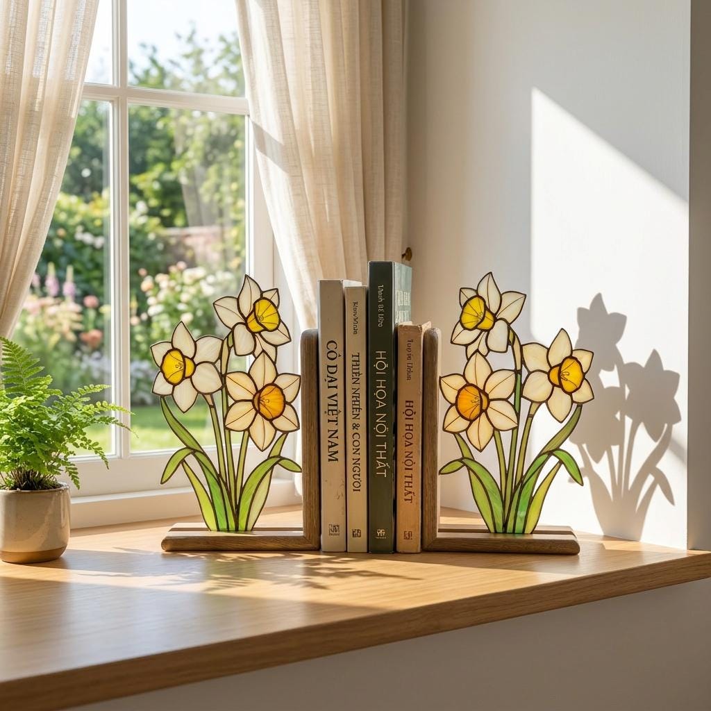 Handmade stained glass white and yellow daffodil flower bookends on premium solid wood bases, beautiful spring botanical bookshelf decor and March birth flower book lover gift.