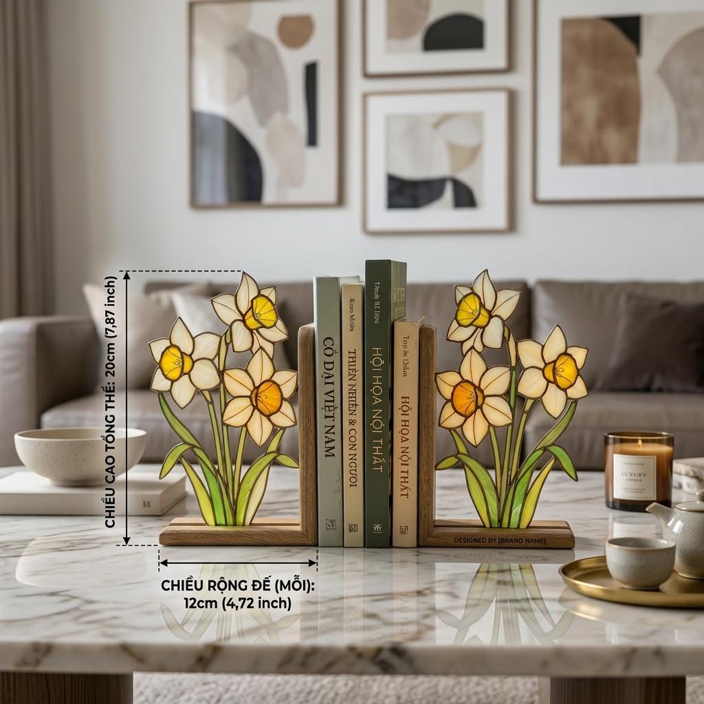 Handmade stained glass white and yellow daffodil flower bookends on premium solid wood bases, beautiful spring botanical bookshelf decor and March birth flower book lover gift.