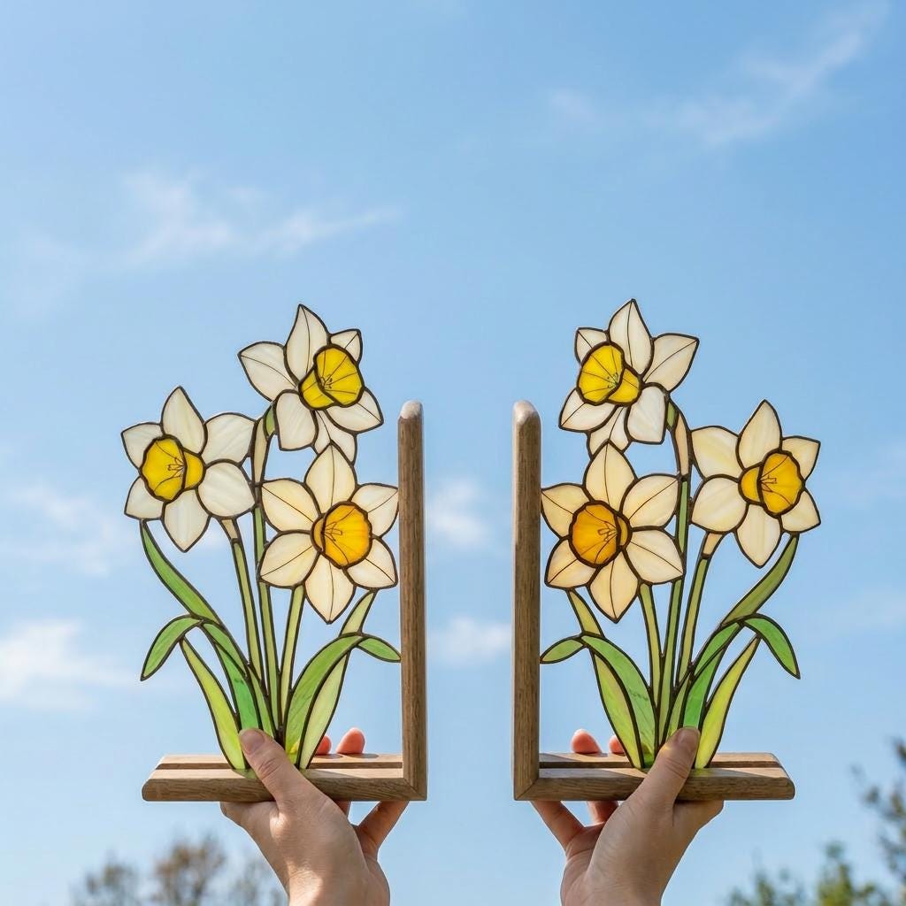 Handmade stained glass white and yellow daffodil flower bookends on premium solid wood bases, beautiful spring botanical bookshelf decor and March birth flower book lover gift.