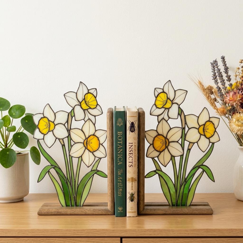 Handmade stained glass white and yellow daffodil flower bookends on premium solid wood bases, beautiful spring botanical bookshelf decor and March birth flower book lover gift.