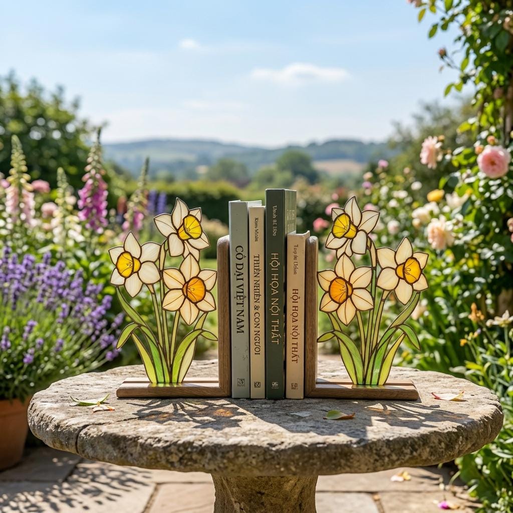 Handmade stained glass white and yellow daffodil flower bookends on premium solid wood bases, beautiful spring botanical bookshelf decor and March birth flower book lover gift.