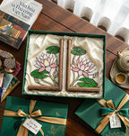 Handmade stained glass pink lotus flower bookends on premium wood bases presented in luxury silk lined gift box, zen spiritual home decor and housewarming gift.