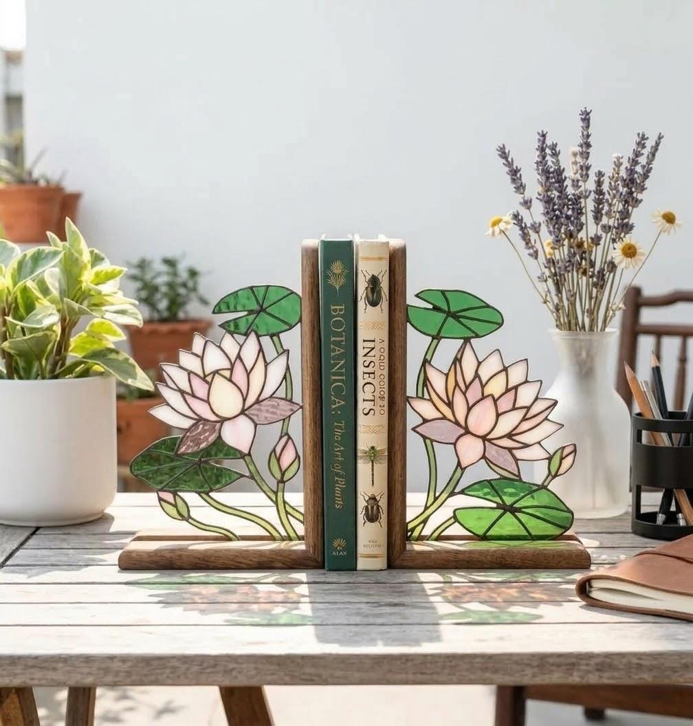 Handmade stained glass pink lotus flower bookends on premium wood bases presented in luxury silk lined gift box, zen spiritual home decor and housewarming gift.