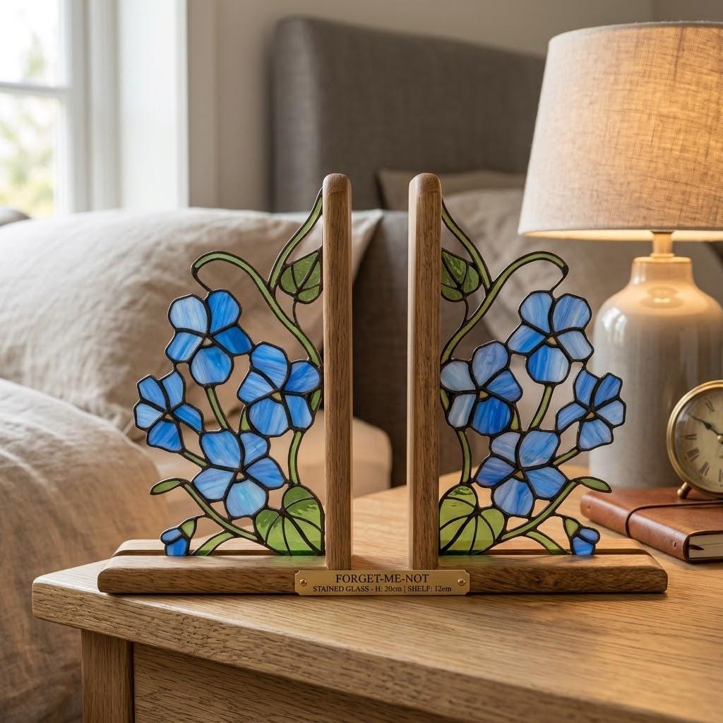 Stained Glass Violet Bookends February Birth Flower Wood Book Stand Blue Floral Shelf Decor Book Lover Gift for Women Mother's Day