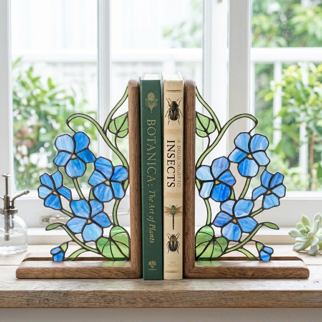 Stained Glass Violet Bookends February Birth Flower Wood Book Stand Blue Floral Shelf Decor Book Lover Gift for Women Mother's Day