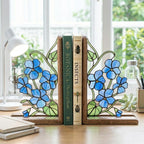 Stained Glass Violet Bookends February Birth Flower Wood Book Stand Blue Floral Shelf Decor Book Lover Gift for Women Mother's Day