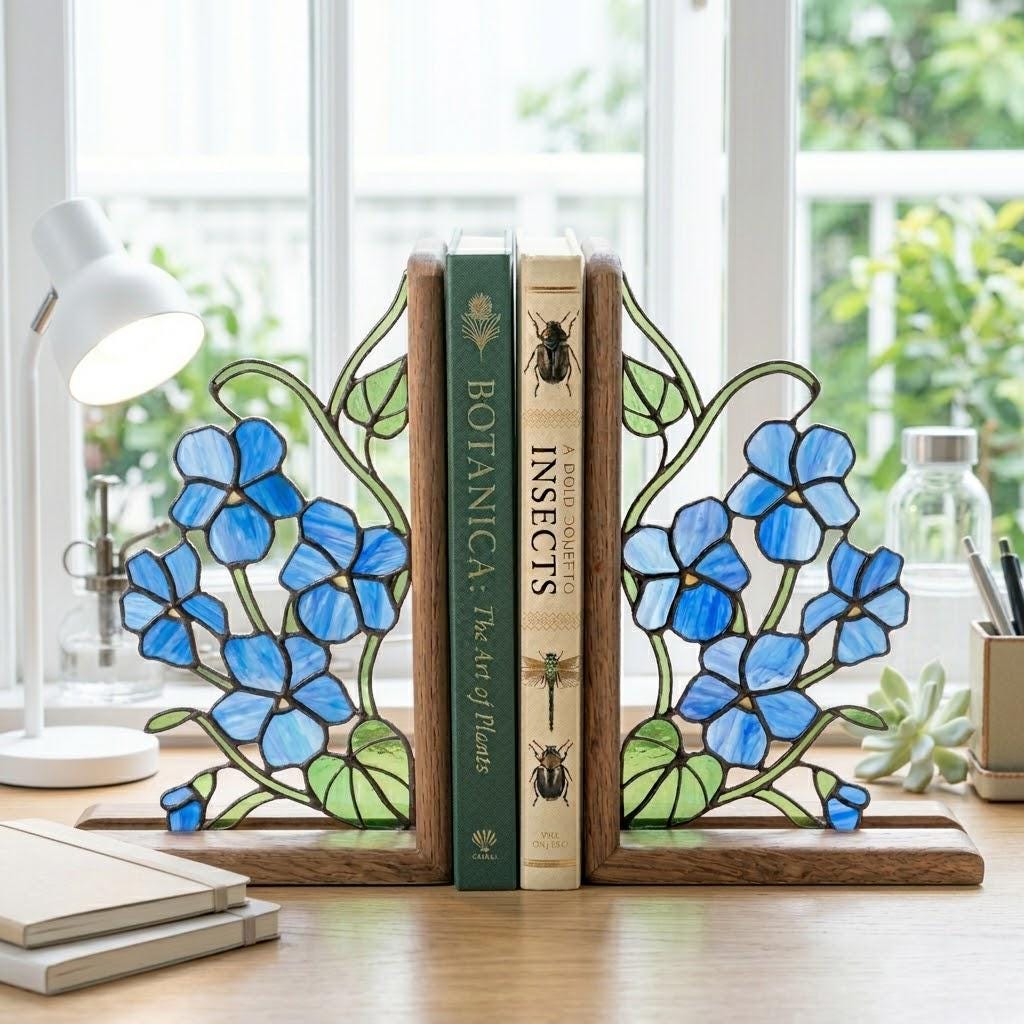 Stained Glass Violet Bookends February Birth Flower Wood Book Stand Blue Floral Shelf Decor Book Lover Gift for Women Mother's Day