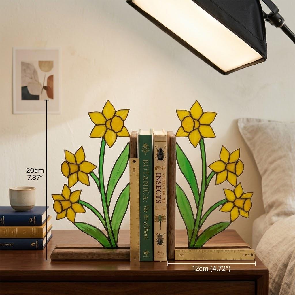 Stained Glass Daffodil Bookends March Birth Flower Wood Book Stand Spring Shelf Decor Luxury Gift for Mom Yellow Floral Art