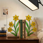 Stained Glass Daffodil Bookends March Birth Flower Wood Book Stand Spring Shelf Decor Luxury Gift for Mom Yellow Floral Art