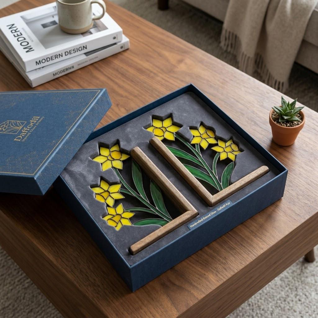 Stained Glass Daffodil Bookends March Birth Flower Wood Book Stand Spring Shelf Decor Luxury Gift for Mom Yellow Floral Art