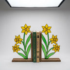 Stained Glass Daffodil Bookends March Birth Flower Wood Book Stand Spring Shelf Decor Luxury Gift for Mom Yellow Floral Art