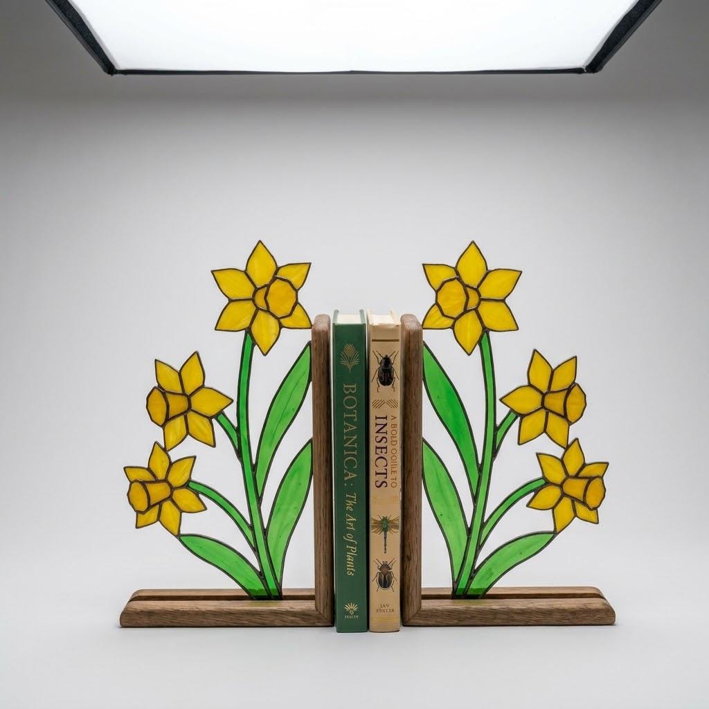 Stained Glass Daffodil Bookends March Birth Flower Wood Book Stand Spring Shelf Decor Luxury Gift for Mom Yellow Floral Art