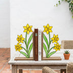 Stained Glass Daffodil Bookends March Birth Flower Wood Book Stand Spring Shelf Decor Luxury Gift for Mom Yellow Floral Art