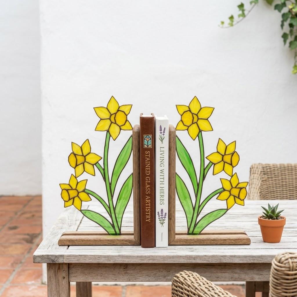 Stained Glass Daffodil Bookends March Birth Flower Wood Book Stand Spring Shelf Decor Luxury Gift for Mom Yellow Floral Art