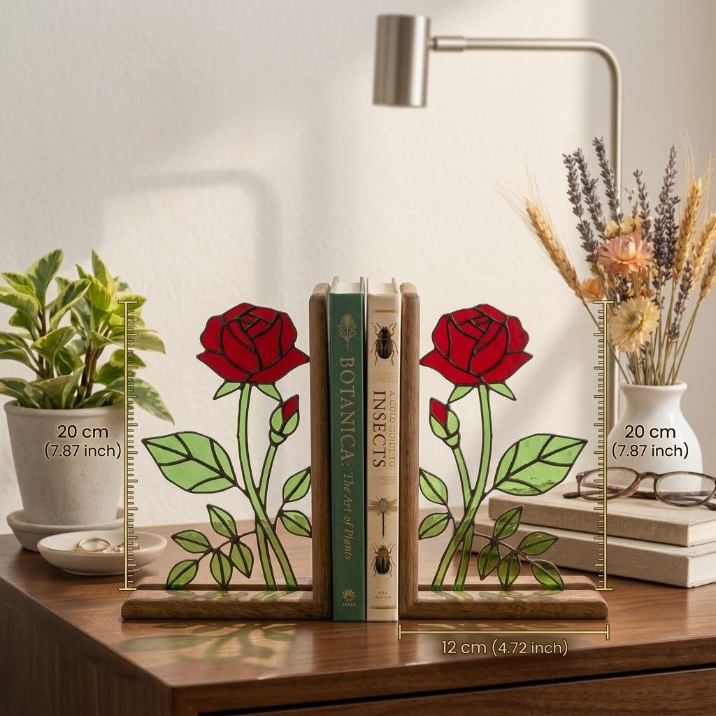 Handmade stained glass red rose flower bookends on solid wood bases casting beautiful colorful shadows, romantic anniversary and book lover gift.