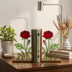 Handmade stained glass red rose flower bookends on solid wood bases casting beautiful colorful shadows, romantic anniversary and book lover gift.