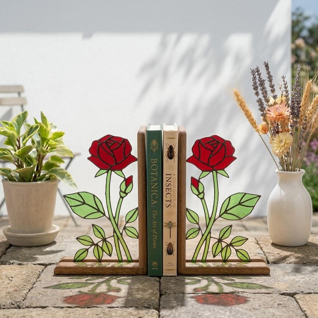 Handmade stained glass red rose flower bookends on solid wood bases casting beautiful colorful shadows, romantic anniversary and book lover gift.