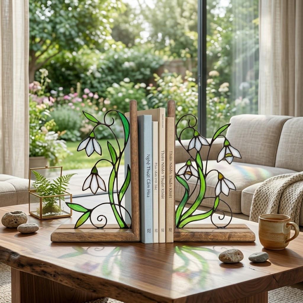 Handmade stained glass white snowdrop flower bookends with delicate wirework on solid wood bases, beautiful january birth flower spring shelf decor and book lover gift.