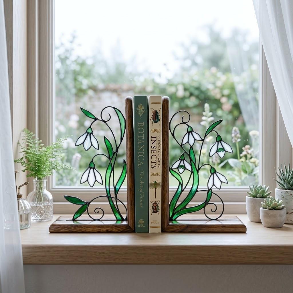 Handmade stained glass white snowdrop flower bookends with delicate wirework on solid wood bases, beautiful january birth flower spring shelf decor and book lover gift.