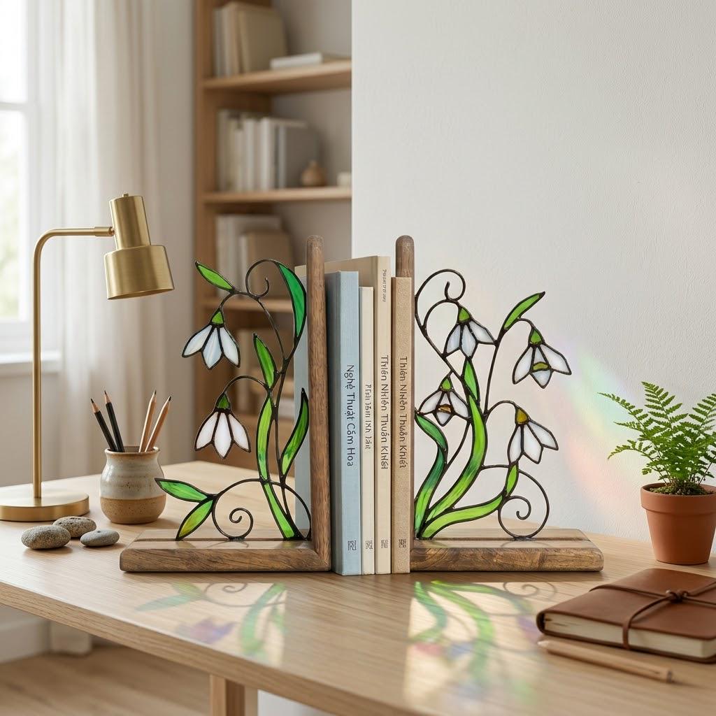 Handmade stained glass white snowdrop flower bookends with delicate wirework on solid wood bases, beautiful january birth flower spring shelf decor and book lover gift.