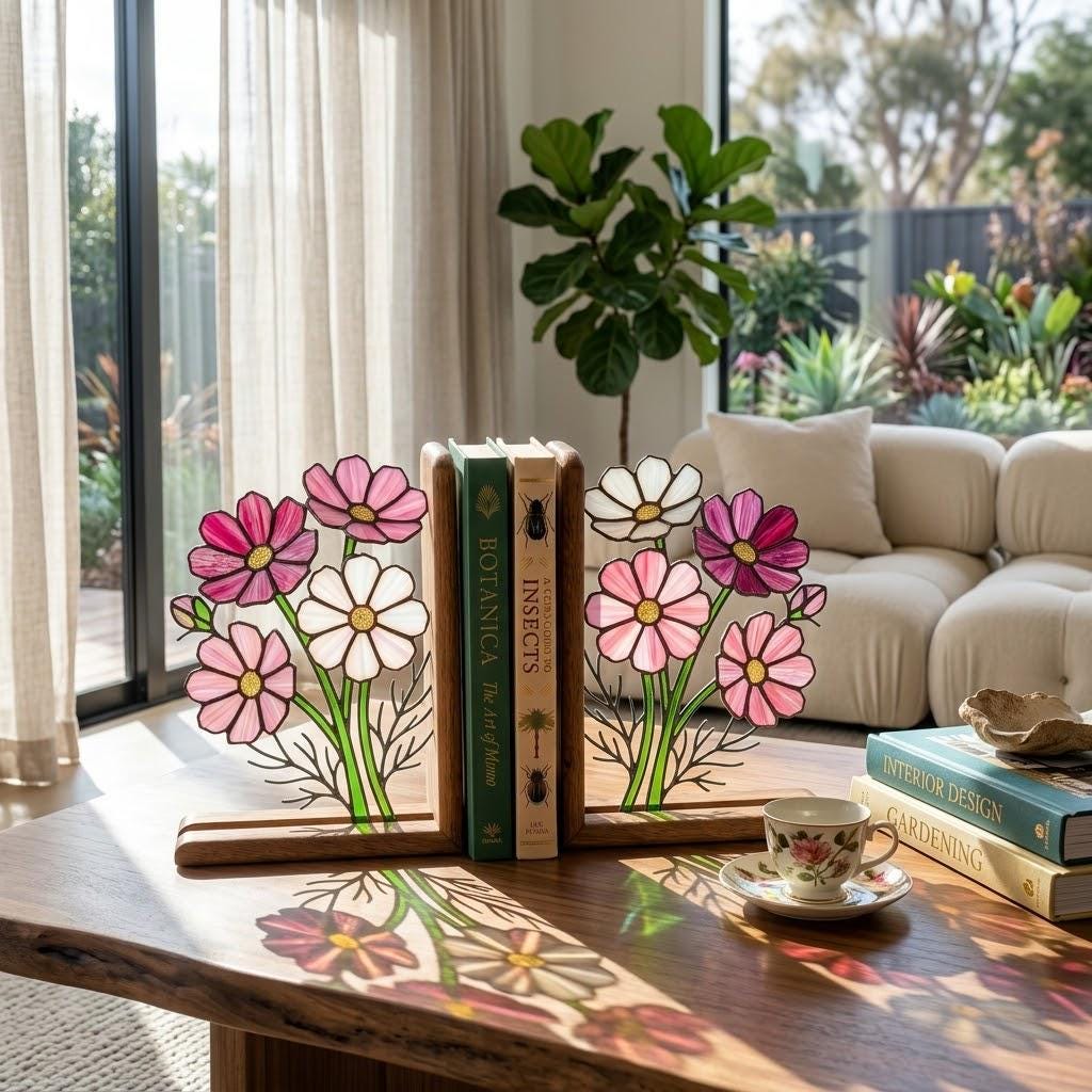 Handmade stained glass pink cosmos flower bookends with delicate leaves on solid wood bases in a premium gift box, october birth flower book lover gift.