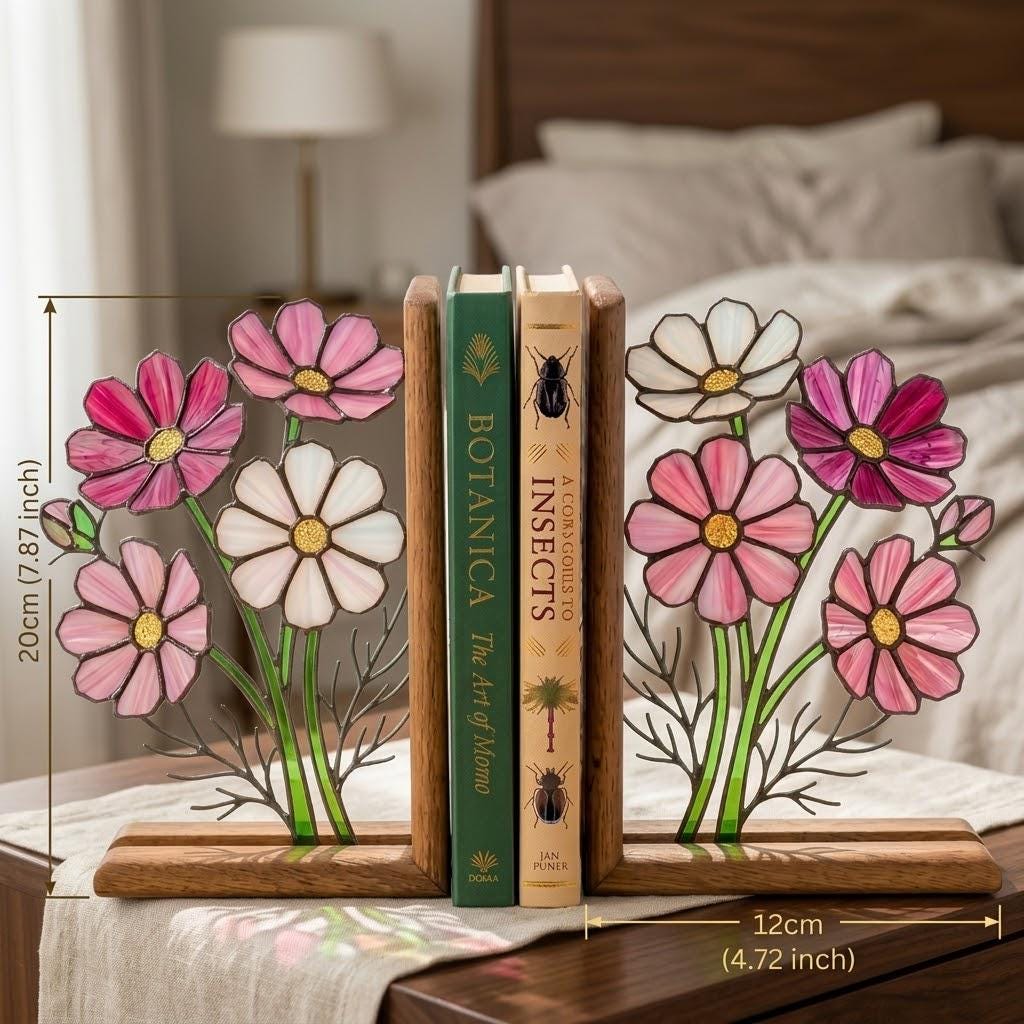 Handmade stained glass pink cosmos flower bookends with delicate leaves on solid wood bases in a premium gift box, october birth flower book lover gift.