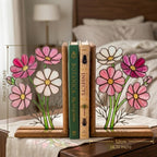 Handmade stained glass pink cosmos flower bookends with delicate leaves on solid wood bases in a premium gift box, october birth flower book lover gift.
