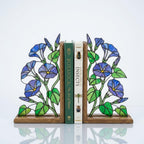 Handmade stained glass blue morning glory vine flower bookends on premium oak wood bases, beautiful september birth flower botanical shelf decor gift.