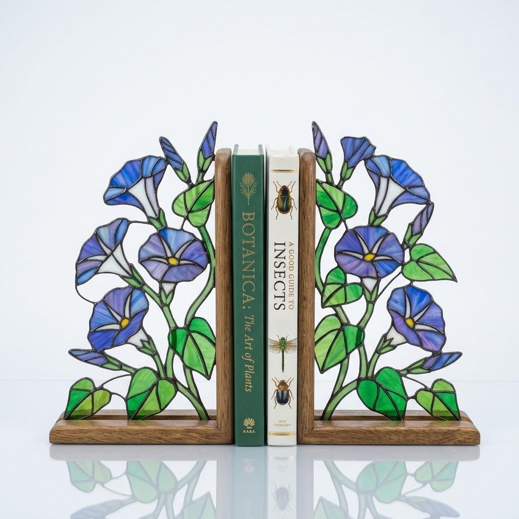 Handmade stained glass blue morning glory vine flower bookends on premium oak wood bases, beautiful september birth flower botanical shelf decor gift.