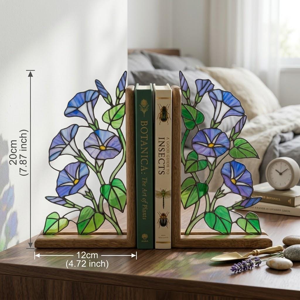 Handmade stained glass blue morning glory vine flower bookends on premium oak wood bases, beautiful september birth flower botanical shelf decor gift.