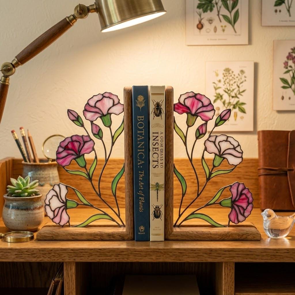 Handmade stained glass pink carnation flower bookends on premium solid wood bases, beautiful Mother's Day gift and january birth flower botanical shelf decor.
