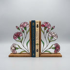 Handmade stained glass pink carnation flower bookends on premium solid wood bases, beautiful Mother's Day gift and january birth flower botanical shelf decor.
